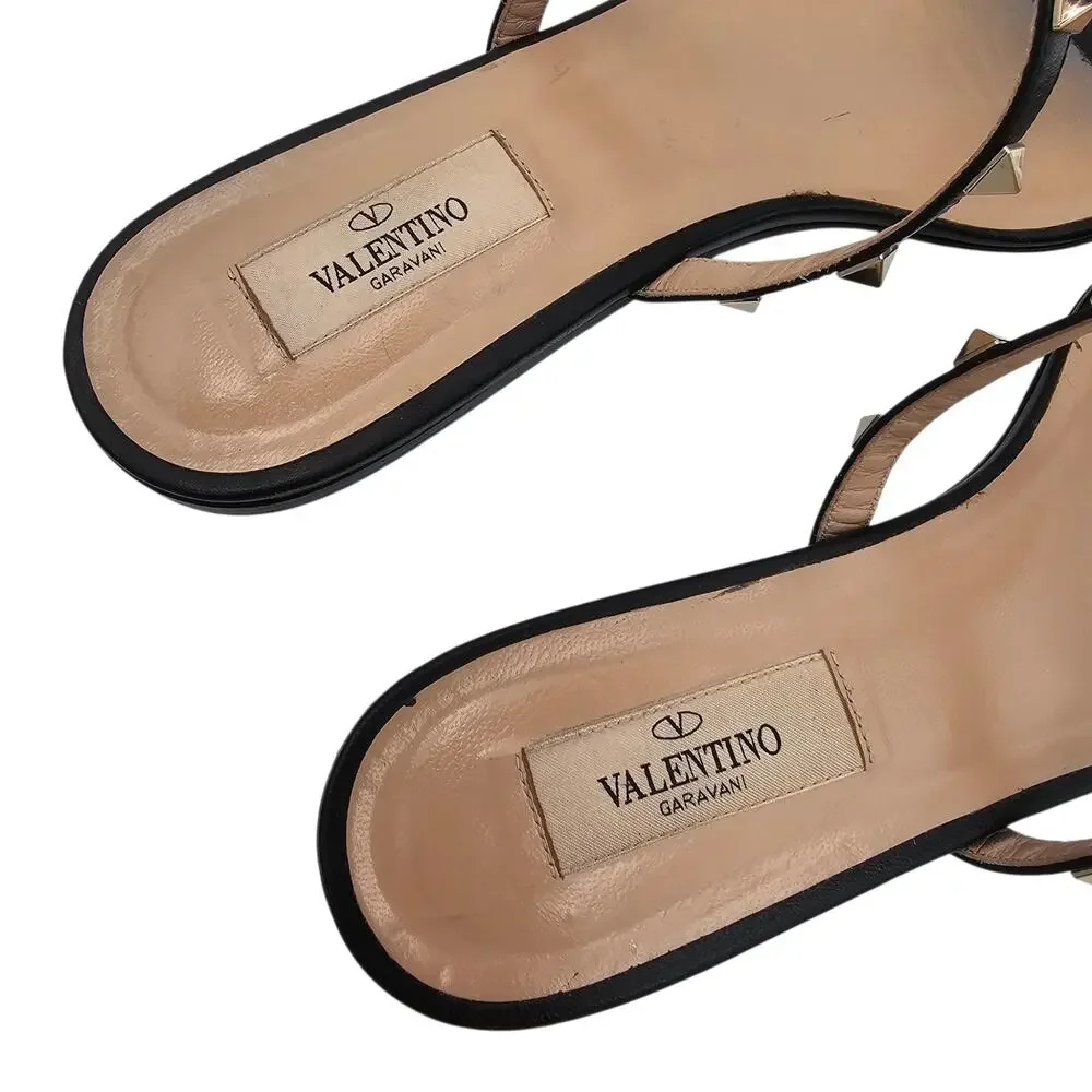 Valentino Garavani Rockstud Cage Flat Sandal Black Leather Gold Size 39.5 9.5